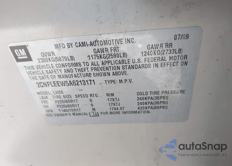 2010 Chevrolet Equinox Lt z USA, uszkodzony, nr VIN 2CNFLEEW5A6213171